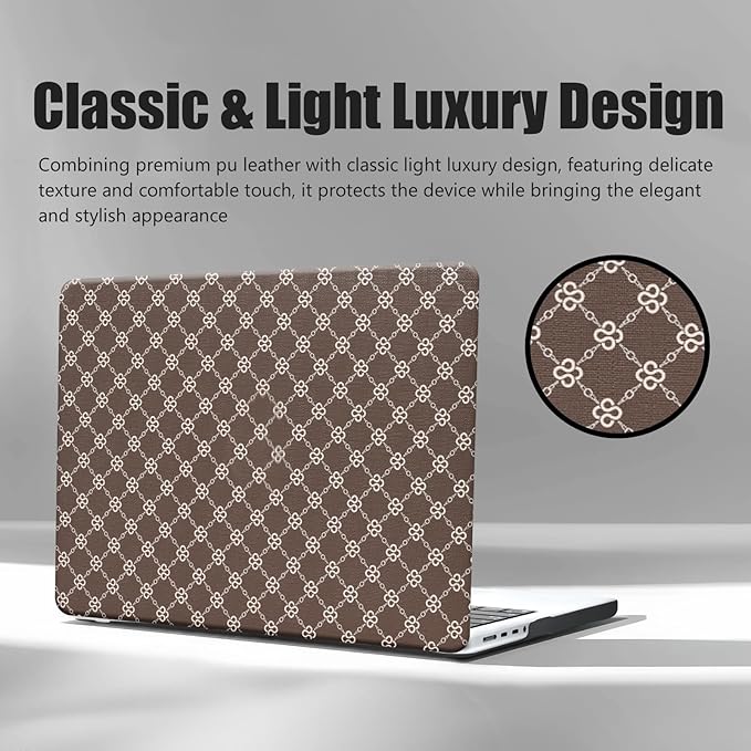 Compatible with MacBook Air 13 inch Case 2025 2024 2023 2022 M4 A3240 M3 A3113 M2 A2681, Luxury Checkered Textured Vintage Leather Plastic Hard Shell Case for MacBook Air 13.6 M4+Keyboard Cover, Brown