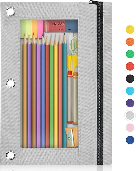 Shemira Pencil Pouch for 3 Ring Binder, Binder Pencil Pouch with Smooth Zipper, Clear Window Pencil Case for Binder, Zipper Pencil Pouches, Big Capacity 3 Ring Binder Pencil Bag, Grey