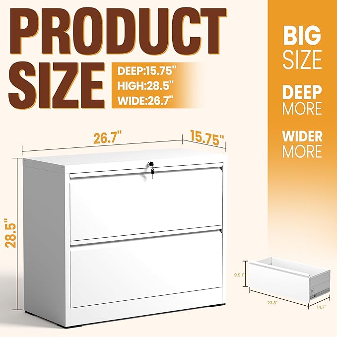 2-Drawer Lateral File Cabinet with Lock, Black Metal Filing Cabinet for Office or Home – Secure Storage for Letter/Legal/A4/F4 Documents, Easy to Assemble Locking File Organizer (White, 2 Drawer-26"W)