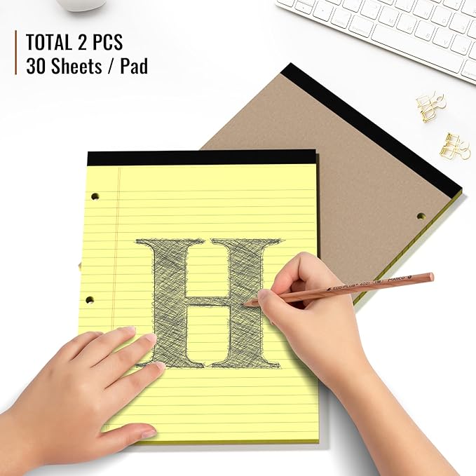HAUTOCO 8.5 x 11 Legal Pads 2 Pack Yellow Wide Ruled Lined Writing Note Pads Perforated Notepad, 30 Sheets Per Notepad, 3-Hole Punched Paper for School, Office