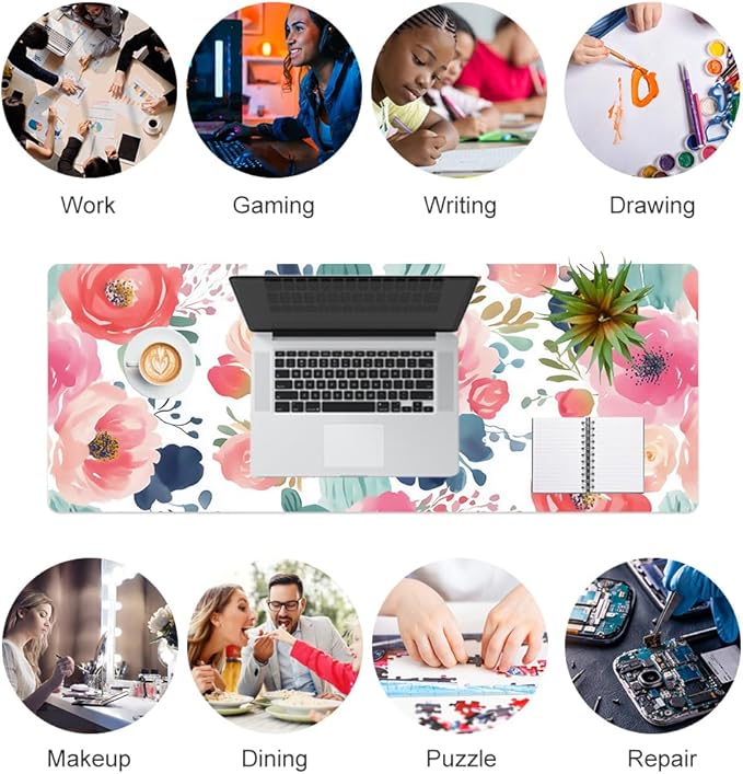 Colorful Star Large Mouse Pad, Pink Floral Desk Mat for Desktop, Women Girls PU Leather Waterproof Gaming Mousepad, Computer PC Laptop Protector Flowers Desk Pads for School Office Home 31.5" x 11.8"