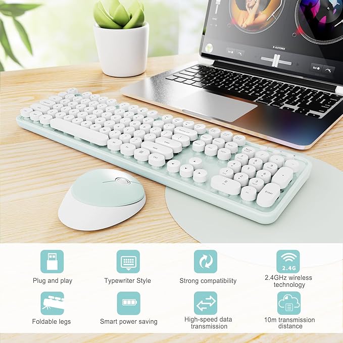 Wireless Keyboard and Mouse Combo, Ergonomic Full Size Typewriter Retro Round Keycaps Keyboard, Compatible with Windows, PC, Perfer for Home and Office Keyboards（Green）