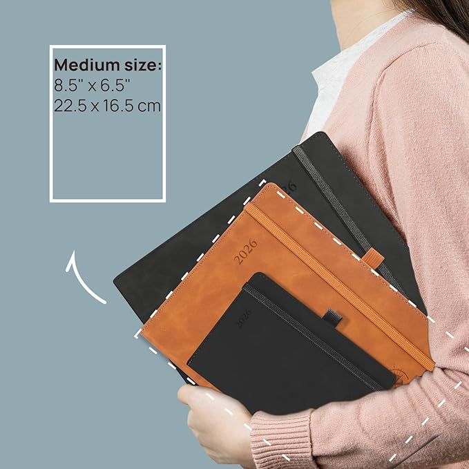 POPRUN Weekly Planner 2026 (Medium 6.5" x 8.5") Calendar 12 Months Notebook with Horizontal Layout, Leather Soft Cover, Monthly Tabs, Inner Pocket, 100GSM Thick Paper, Pen Holder - Royal Blue