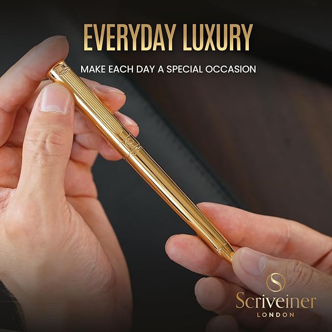 Scriveiner Gold Ballpoint Pen - Stunning Luxury Pen, Real Gold Plating, Schmidt Black Refill, Best Ball Pen Gift Set for Men & Women, Professional Executive Office, Nice Fancy Designer Pens