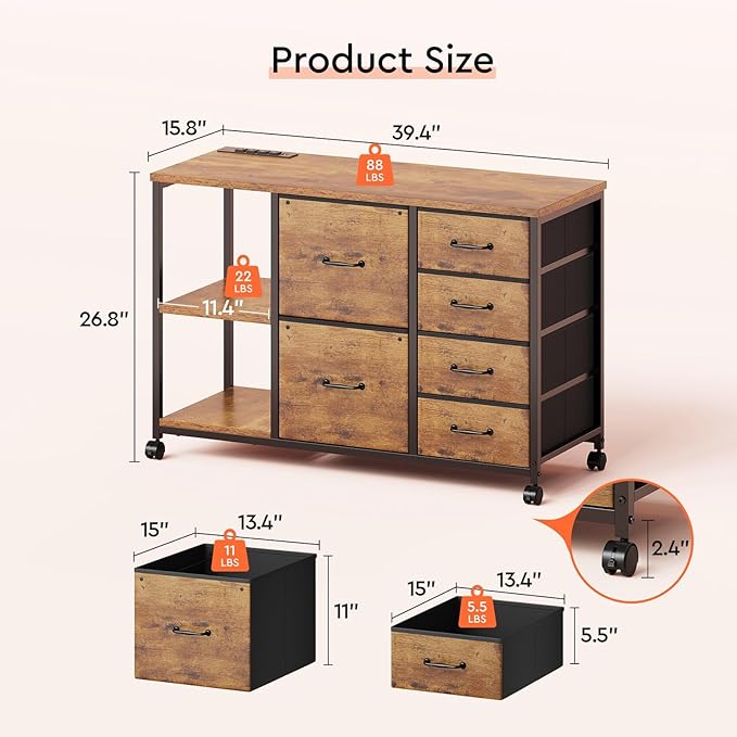 6 Drawer File Cabinet with Charging Station Rolling Printer Stand with Open Storage Shelf Fabric Lateral Filing Cabinet for Home Office,Rustic Brown2