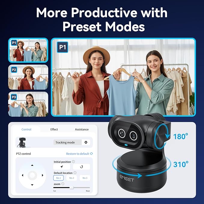EMEET PIXY Dual-Camera AI-Powered PTZ Camera 4K, AI Tracking, PDAF&AI Autofocus 0.2s, 1/2.55'' Sony Sensor, 3 Mics, Presets, Gesture Control, 4K Webcam for Streaming and OBS/Twitch/Switch 2 Compatible
