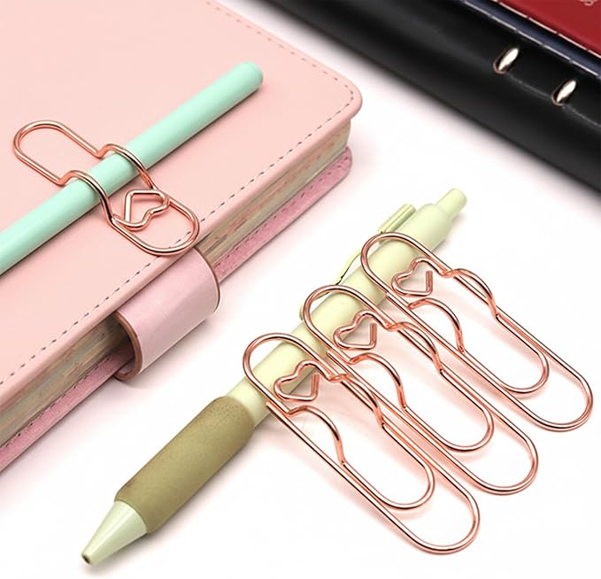 12-Pack Pen Holder Clips for Notebook, Cute Heart Paper Clips,Rose Gold Office Supplies(12 Rose Gold)