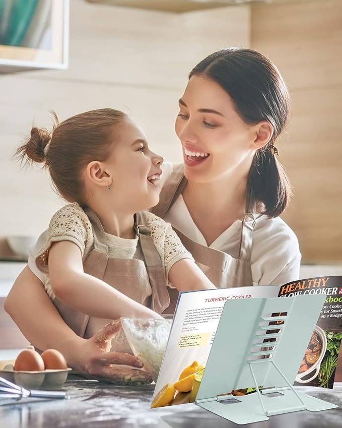 MSDADA Desk Book Stand Metal Reading Rest Book Holder Angle Adjustable Stand Document Holder Portable Sturdy Lightweight Bookstands-Textbooks Tablet Music Books Cook Recipe (Macaron Green)