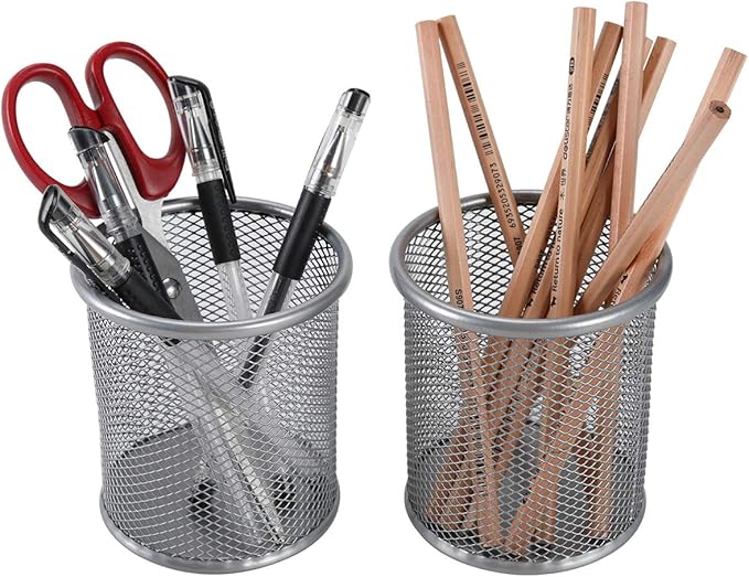 EasyPAG Round Mesh Pencil Holder 2 Pack Pen Holders Desk Pen Cups Organizer for Home, School Office, Silver