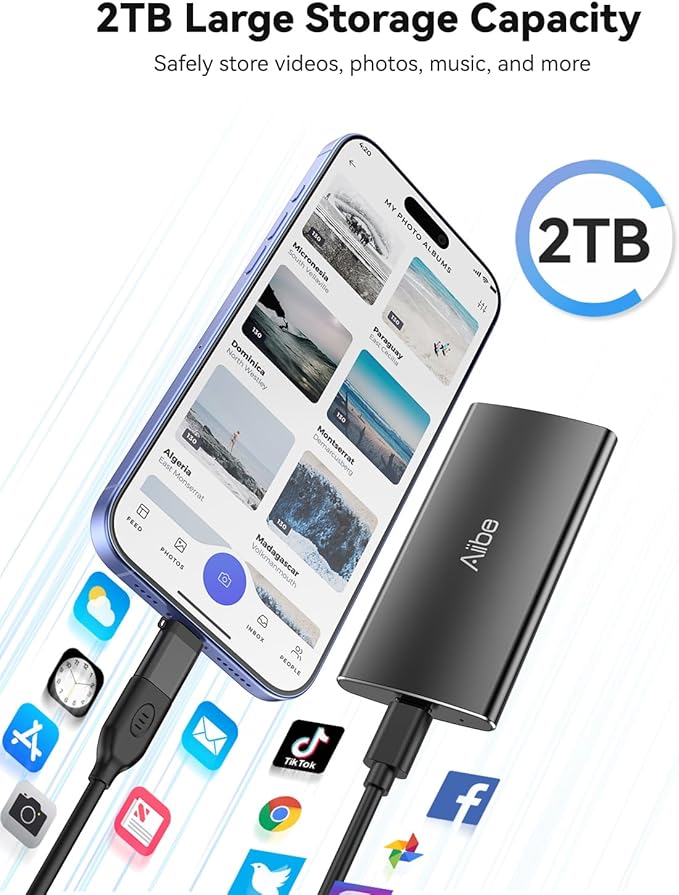 Aiibe 2TB External SSD USB C Portable SSD USB 3.2 Gen 2, Up to 1050MB/s, External Hard Drive 2TB External Solid State Drive for iPhone 16/15, Laptop, Mac and PS5 (Black)