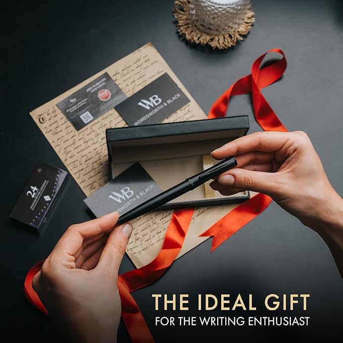 Wordsworth & Black Fountain Pen Set, Fine Nib, Includes 24 Pack Ink Cartridges, Ink Refill Converter & Gift Box, Calligraphy, [All Black], Perfect for Men & Women