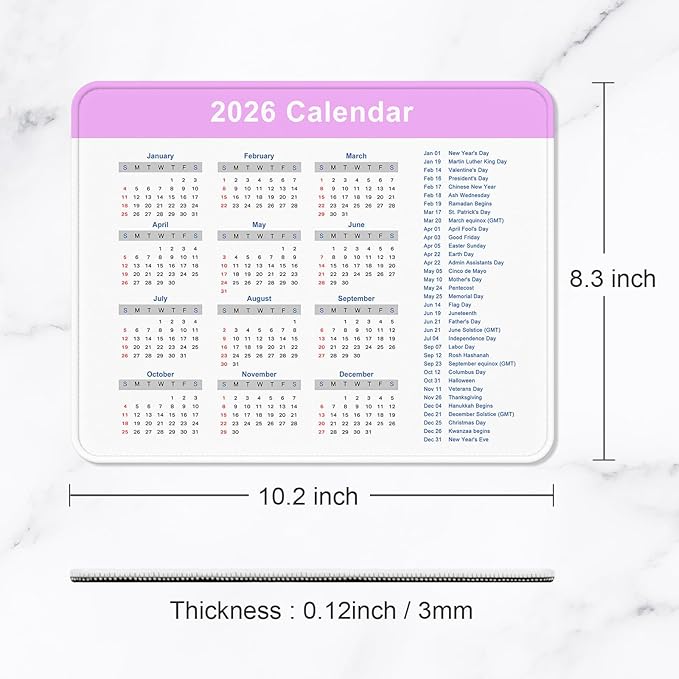 2026 Calendar Mouse Pad, Square New Year 2026 Mousepad 10.2 x 8.3 Inch, Stitched Edge Anti-Slip Waterproof Rubber Computer Mat for Office, Gaming, Laptop, New Year Office Supplies Gift, Purple