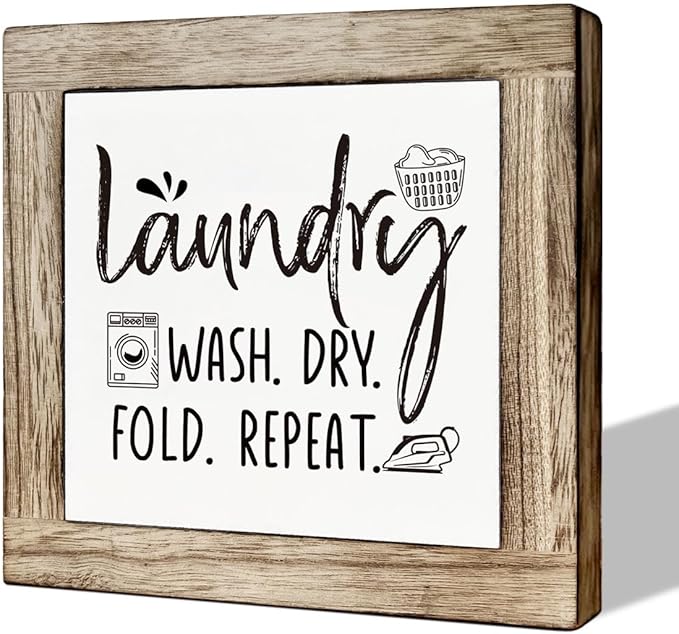 Laundry Room Decor, Laundry Steps Sign, Wash Dry Fold Repeat Sign, Wooden Box Signs for Home Decor, Farmhouse Wood Plaque Sign, Laundry Room Shelf Decoration, Country Style Wood Block Laundry Sign
