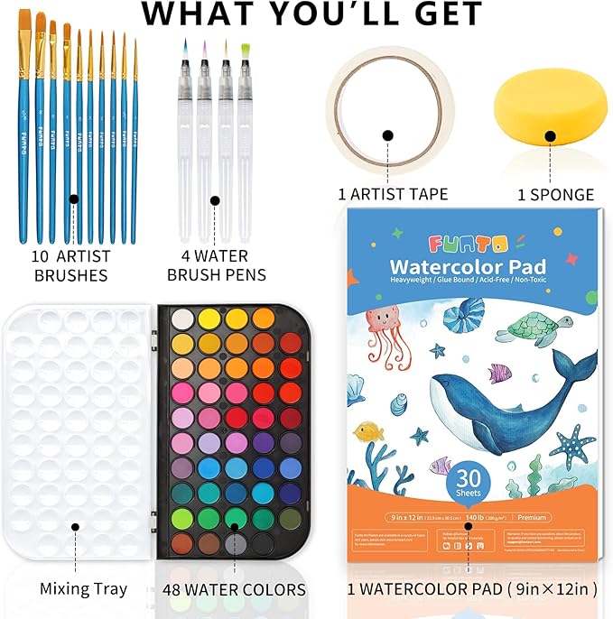 Funto Watercolor Set, 48 Color Paint Set, 10 Brushes, 30 Page Pad(9"x12"), 4 Refillable Pens & More, Painting Kit for Kids, Adults, Beginners