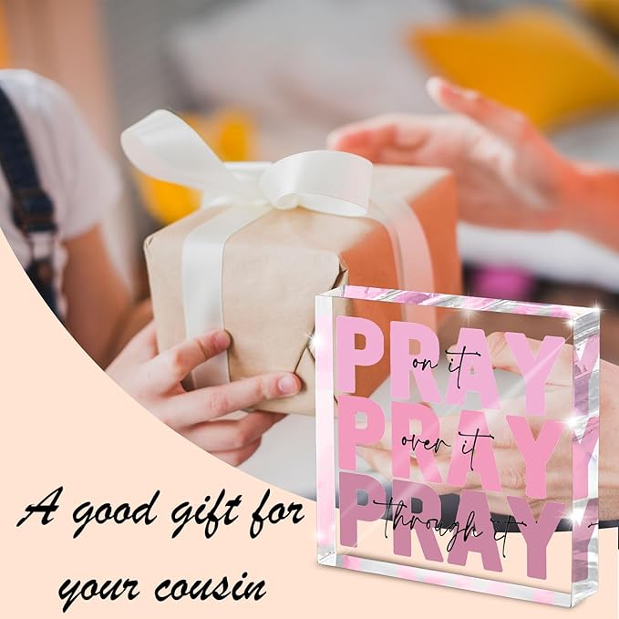 Pink Christian Desktop Decor, Inspirational Gift For Women, Pink Dorm Decor, Women'S Acrylic Office Accessories Decoration, Pray On It, 4x4 Inches