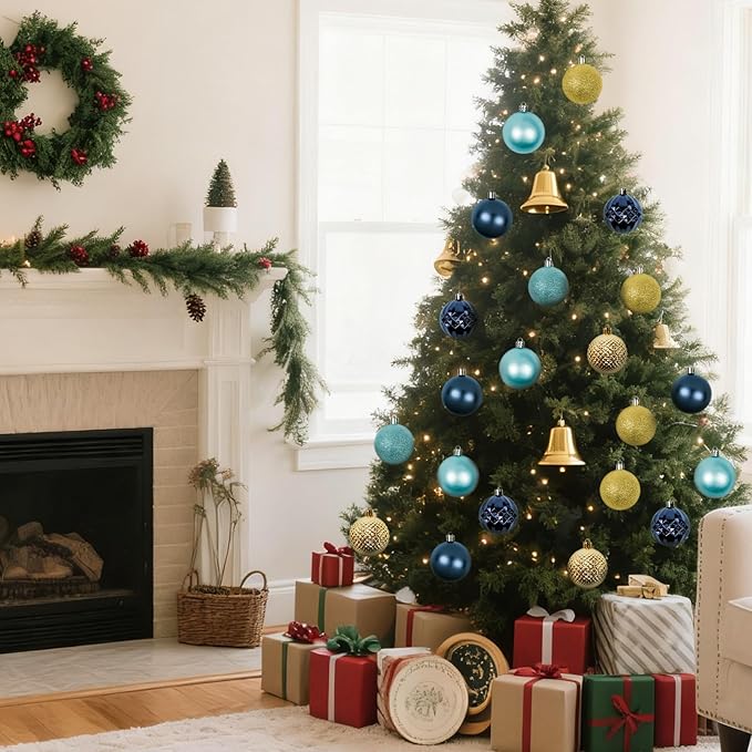 Christmas Tree Decorations Ornament Set, 60ct 2.36 Inches Blue and Gold Shatterproof Christmas Ball Ornaments, Hanging Ball for Xmas Holiday Wedding Party Decor