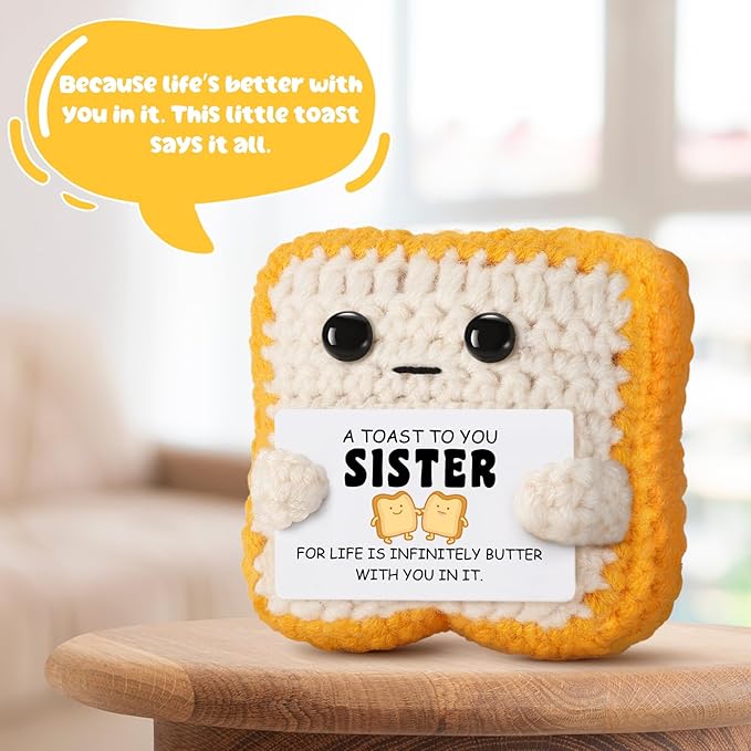 Funny Sister Gift Handmade Crochet Toast Plush with Pun Card, Cute Birthday Gifts for Sister, Women, Appreciation Present, Thanksgiving, Christmas Stocking Stuffers from Brother, Sister, Bestie friend
