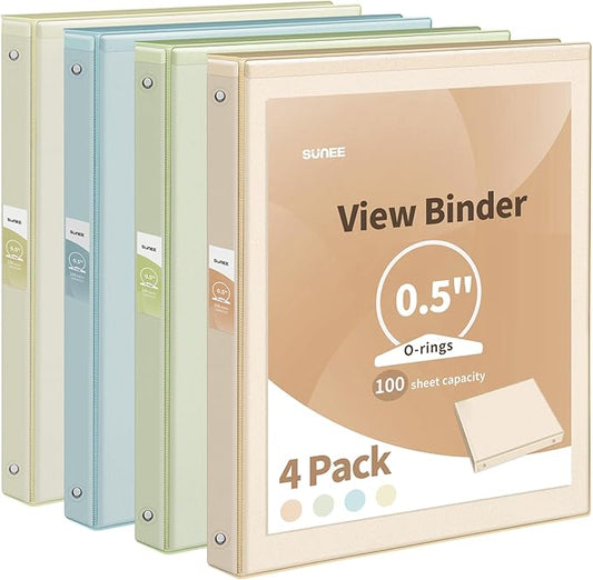 SUNEE 3 Ring Binder 1/2 Inch 4 Pack, Clear Half Inch View Binder Three Ring 0.5" PVC-Free (Fit 8.5x11 Inches) for School or Office Supplies, Neutral Aesthetic