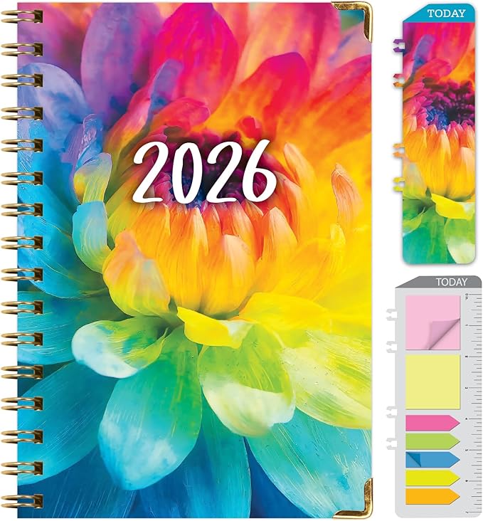 HARDCOVER 2026 Planner, 5.5"x8": 14 Months (November 2025 - December 2026), Daily Weekly Monthly Planner, Yearly Agenda, Bookmark, Pocket Folder and Sticky Note Set (Rainbow Petals)