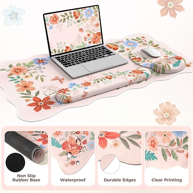 Pink Desk Cover Mat, Ergonomic Mouse Pad with Wrist Support, Girly Aesthetic Office Stuff, Scalloped Floral Desk Protector for Office Must-Haves, Work