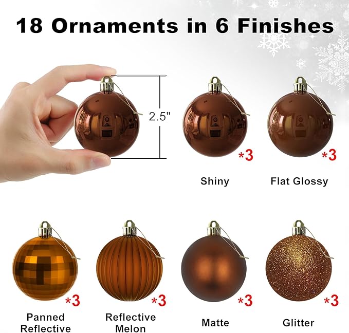 Bronze 2.5" Christmas Balls Christmas Tree Decoration Ornaments Shatterproof Hanging Balls for Birthday Halloween Holiday Wedding Decorations Set of 18pcs