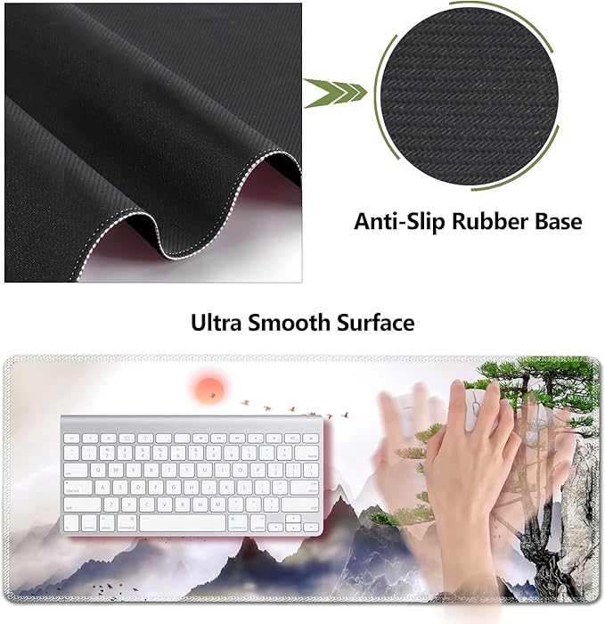 AIMSA Large Gaming Mouse Pad Set, Keyboard Wrist Rest Support + Extended Mouse Pad + Mouse Wrist Cushion + Coaster, Ergonomic Memory Foam Desk Mat 35x15.7in Anti-Slip Base (Pine Tree Mountains)