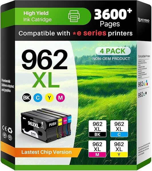 962XL Ink Cartridge Combo Pack Compatible for 962 Ink Cartridges Work with Officejet Pro 9015e 9015 9010 9018e 9025e 9012e 9018 9025 9020 9012 Printers 4 Pack (Black Cyan Magenta Yellow)