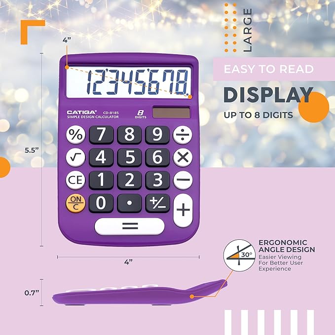 CATIGA Desktop Calculator 8 Digit with Solar Power and Easy to Read LCD Display, Big Buttons, for Home, Office, School, Class and Business, 4 Function Small Basic Calculators for Desk, CD-8185