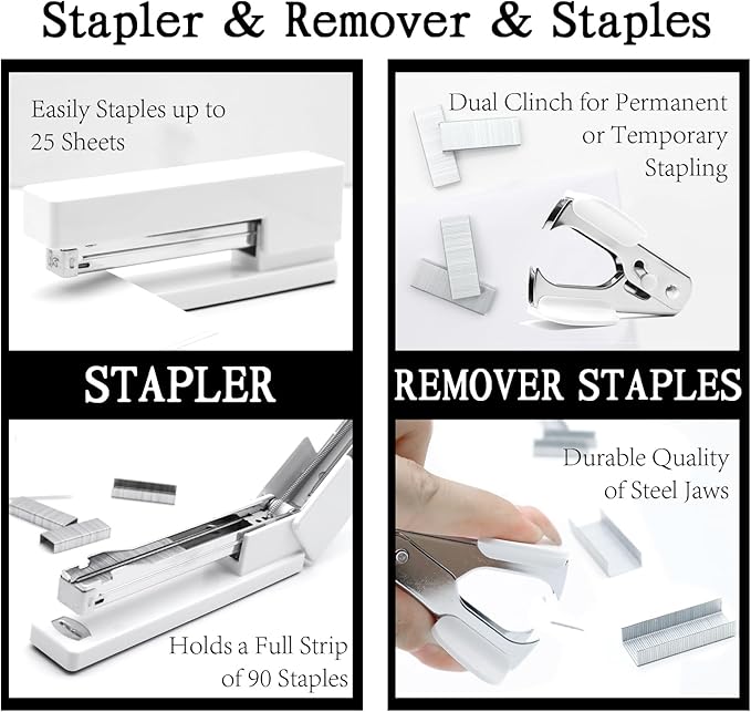 White Office Supplies, UPIHO White Desk Accessories, Stapler and Tape Dispenser Set for Women with Stapler,Tape Dispenser, Staple Remover, Staples,Scissor and Tabs for Students Office Clerks