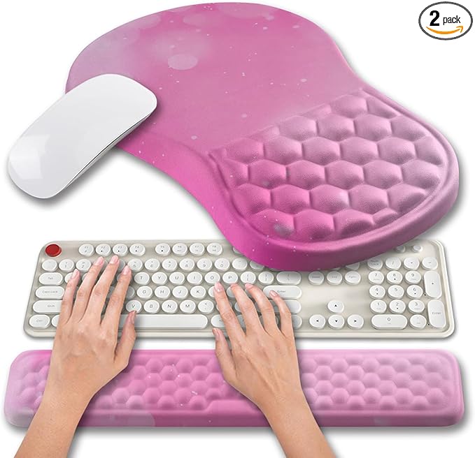 Hokafenle 2 in 1 Ergonomic Mouse Pad Wrist Support & Wrist Rest for Computer Keyboard Set, with Relieve Carpal Tunnel Pain Massage Bulge and Full Memory Gel Design (2In1 Set, Sweet Pink)