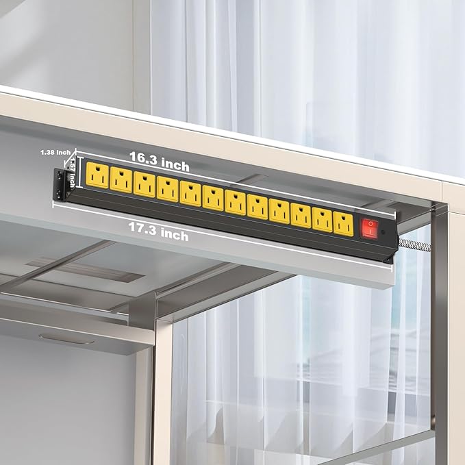 12 Outlet Heavy Duty Power Strip with 15A Circuit Breaker,Metal Wall Mount Power Strip for Garage Workshop Industrial 1200J 15A 125V 1875W 6ft Cord