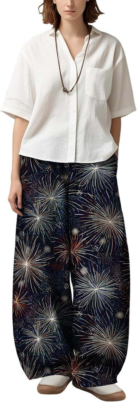 Zaswen Women's Oversize Loose Fit Breathable Pants Wide Leg Lounge Pants Fashion Casual Fireworks Print Trousers with Pockets