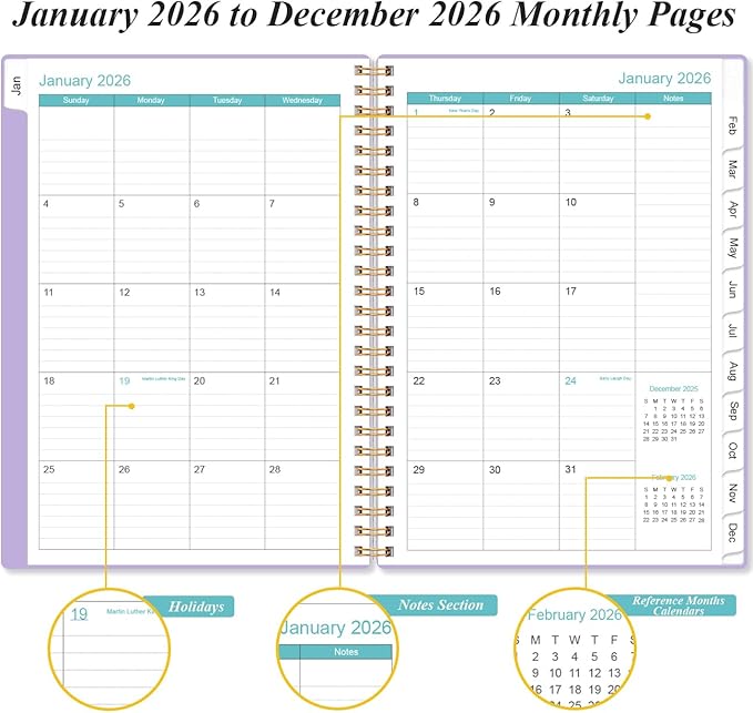 2026 Planner - Weekly and Monthly Calendar Planner from Jan 2026 - Dec 2026, Planner 2026 Spiral Bound with 12 Monthly Tabs, Inner Pocket, Perfect for School Office Supplies, 6.4" x 8.5", Purple
