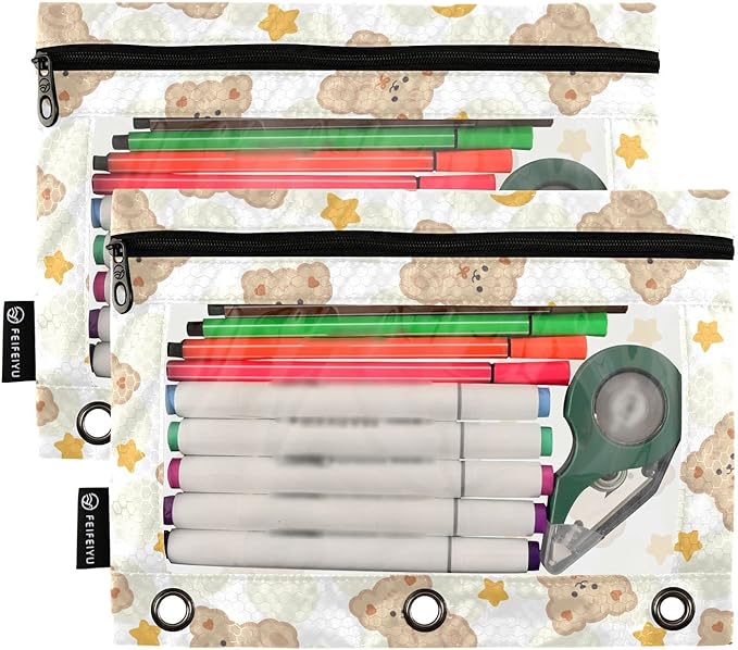 ALAZA Pencil Pouch for 3 Ring Binder, Cute Bear Star Moon Binder Pencil Pouches with Clear Window Zipper Pencil Case Cosmetic Bags for Office College Supplies, 2PCS