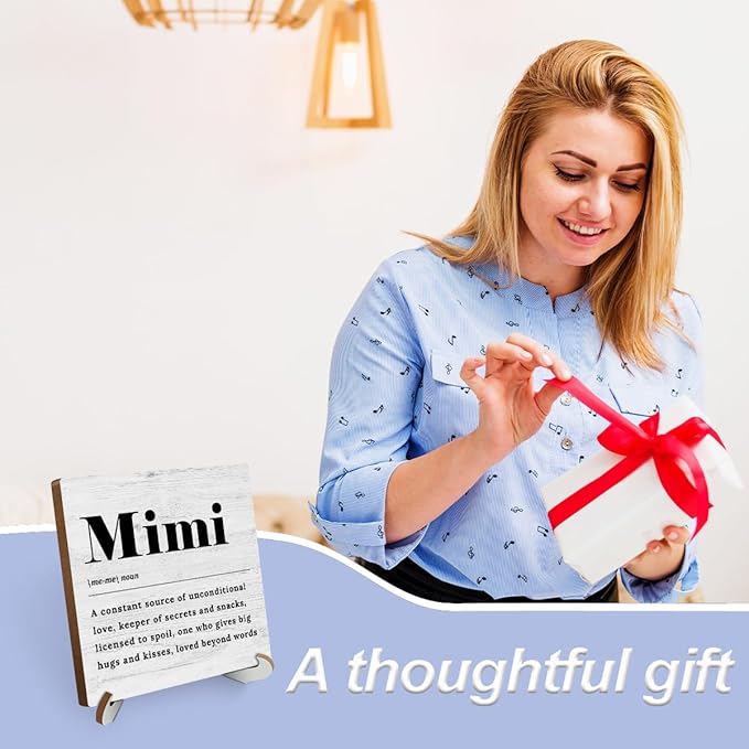 Mimi Definition Wood Sign Desk Decor Funny Grandma Gifts Rustic Office Cubicle Decor Plaque with Wooden Stand Farmhouse Positive Office Desk Accessories for Home Table Shelf Centerpieces Mothers Day