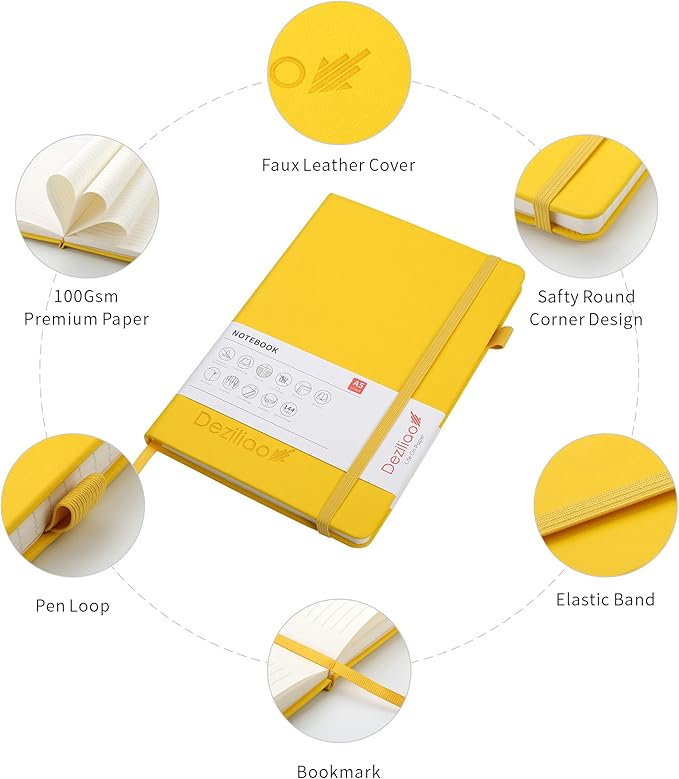Deziliao Lined Journal Notebooks with Pen Loop, Hardcover Notebook Journal for Work, 100Gsm Premium Thick Paper with Inner Pocket, Medium 5.7''''x8.4'''', ?Yellow, Ruled, 1 Pack