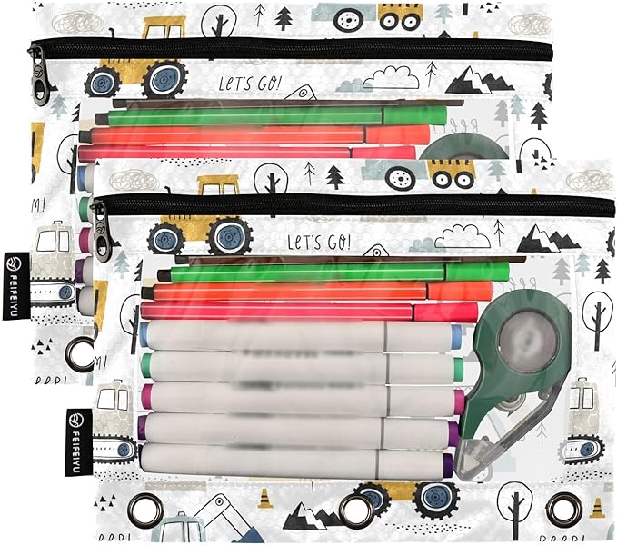 Cute Cars Truck Tractor Pencil Pouch for 3 Ring Binder, 2 Pack Waterproof Pencil Bags Clear Window Zipper School Office Supplies