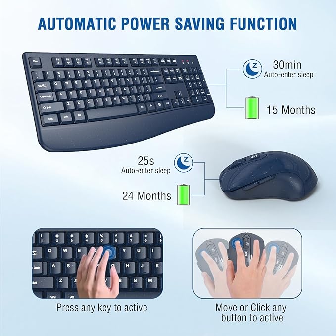 Wireless Keyboard and Mouse Combo, EDJO 2.4G Full-Sized Ergonomic Computer Keyboard with Wrist Rest and 3 Level DPI Adjustable Wireless Mouse for Windows, Mac OS Desktop/Laptop/PC(Galaxy Blue)