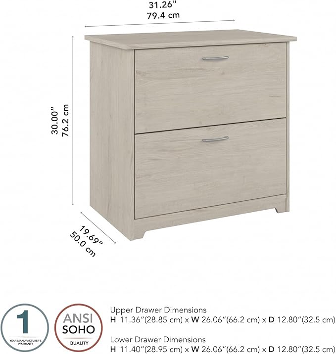Bush Furniture Cabot 2 Drawer Lateral File Cabinet in Linen White Oak, Home Office Chest for Letter, Legal, and A4-Size Document Storage