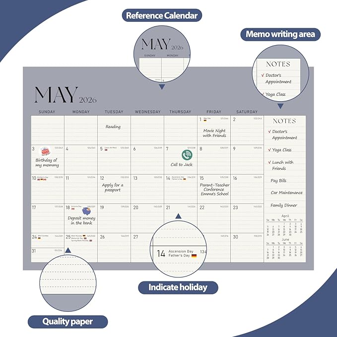 Desk Calendar 2025-2026, Monthly Desktop Large Calendar (July 2025 - December 2026) 17" x 12" Desk Wall Planner for Family Office Teacher School, Blue