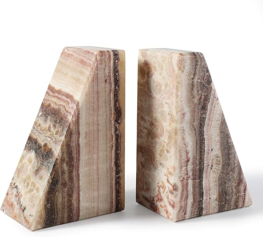 Koville Natural Onyx Bookends for Shelves, Decorative Bookends for Heavy Books, Non-Slip Heavy Duty Book Stopper for CD/Movies, Aesthetic Decorative Book Ends for Bookshevles Table Home Decor
