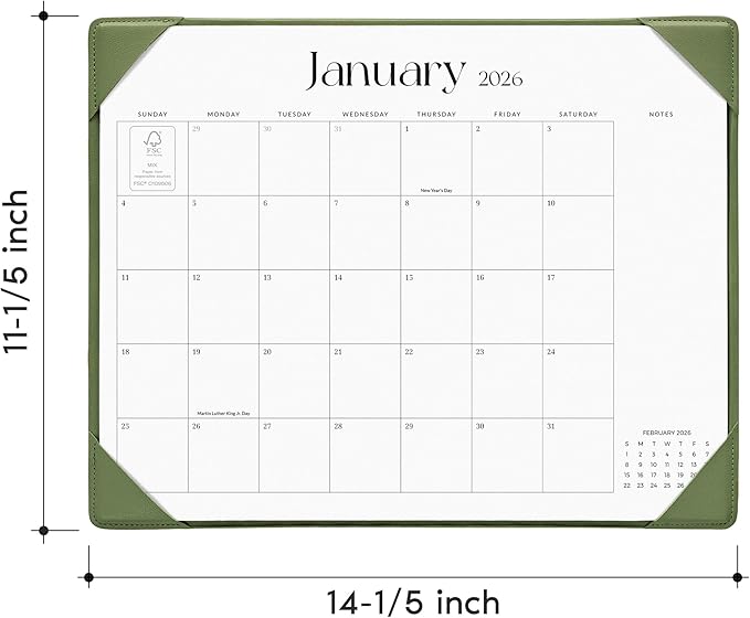 Simplified Desk Calendar 2026-2027 with Desktop Mat, Cabbrix Medium Desk Pad Calendar 15" x 12" Runs From January 2026 to June 2027, Desk Blotter Calendar for Home School and Office (Green)
