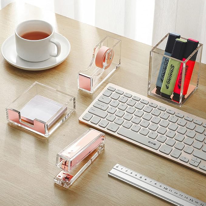 Acrylic Rose Gold Tape Dispenser Desktop Stapler, Acrylic Office Supplies Includes Staple Remover, Tape, 1000pcs Staples Desk Accessory Kit, Modern Clear Stationery Kit for Everyday Office Needs