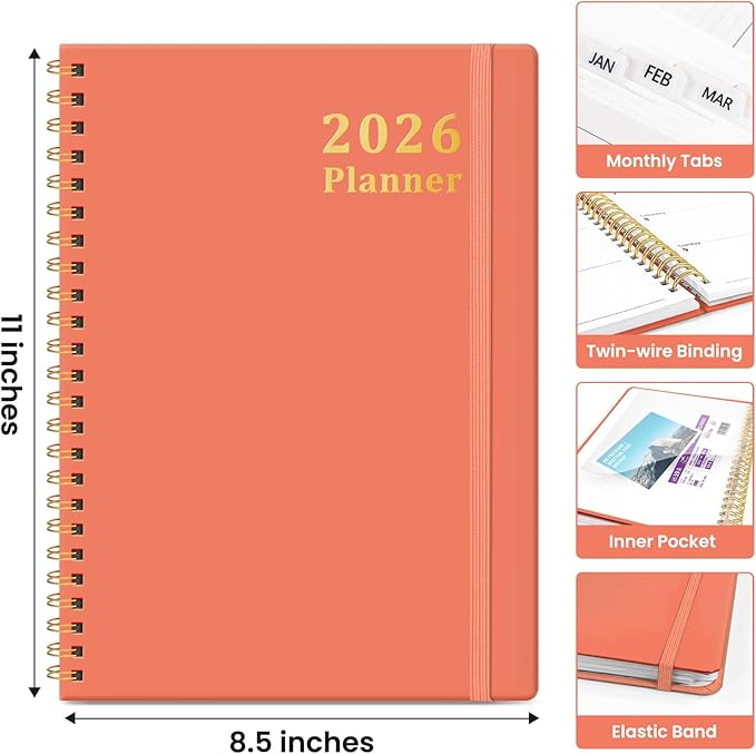 2026 Planner, Weekly and Monthly Calendar Planner, January 2026 - December 2026, Hardcover 2026 Calendar Planner Book with Tabs For Women & Men, Inner Pocket, Spiral Bound, Perfect for Office Home School Supplies - A4 (8.5" x 11"), Coral
