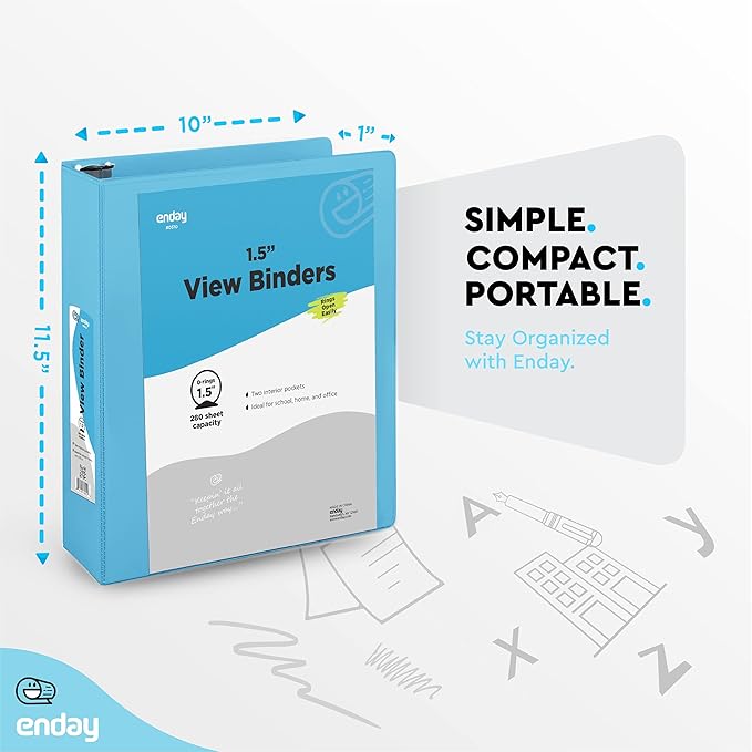 3 Ring Binder Blue, 1.5 Inch Clear View Cover with 2 Inside Pockets Binder, Colored School Supplies 1 ½ Inch Round Ring Binders, Also Available in Red, Pink, Purple, Green, and Grey (6 PC) – by Enday