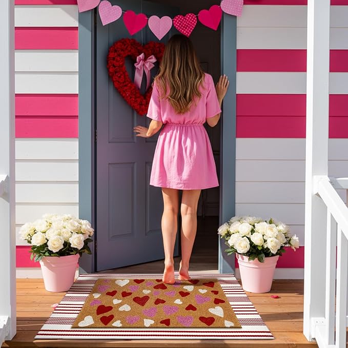 2 Pcs Valentine's Day Coir Welcome Doormat Outdoor Valentine's Day Rug Layered Red and White Stripe Mat Red Heart Mat for Front Porch Outdoor Entryway