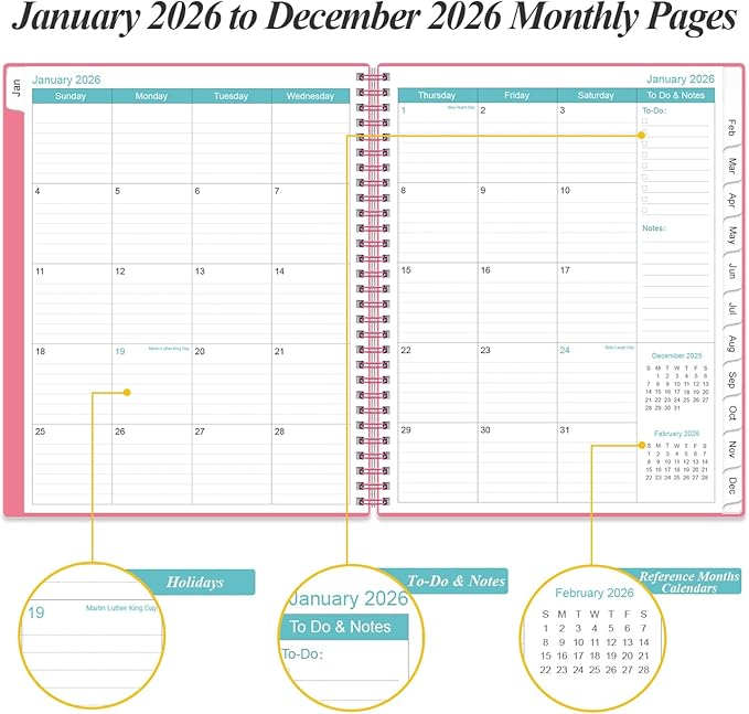 2026 Planner - Planner 2026 from January 2026 to December 2026 with 12 Monthly Tabs, Flexible Cover, Inner Pocket, 8.5" x 11", Pink