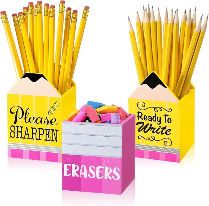 3 Pcs Sharp and Dull Pencil Holder Eraser Buckets Wooden Shaped Dispenser Finished Pen Holder No DIY for Back to School Teachers Classroom Management(Classic)