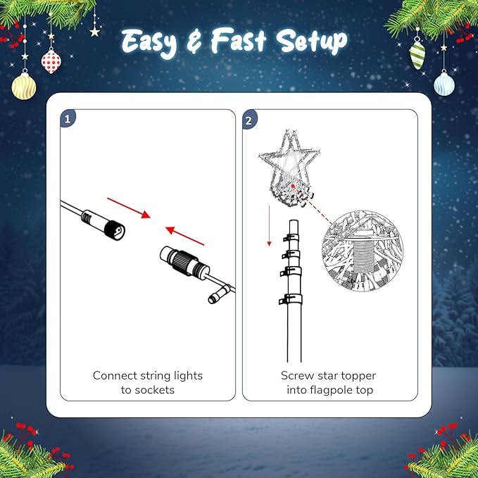 Yescom 4840 LED 20Ft Flag Pole Christmas Tree Light Kit 120V Giant-Sized Outdoor Decoration Event with Star Top 28 String Telescopic for Holiday Display Yard Commercial Carnival Lighting in Park