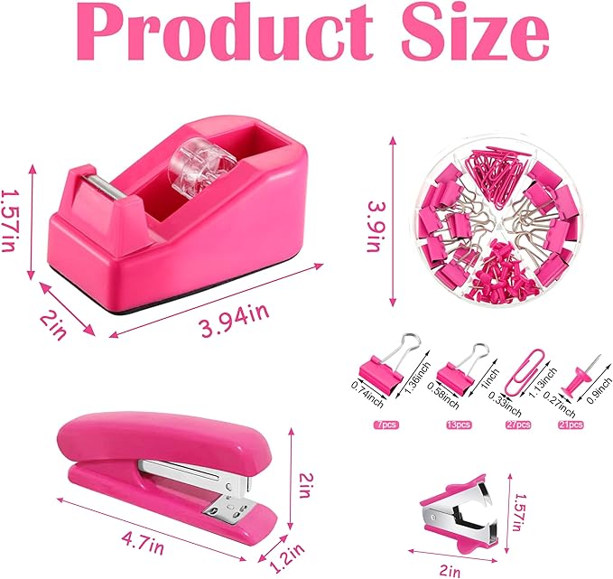 Hot Pink Office Desk Accessories Supplies, 12pcs Desk Organizers and Accessories with Tape dispenser,Stapler,Staples,Staple Remover,Pen Holder,Scissor,Ruler,Sticky Tabs,Tape,Ballpoint Pen,Clips Set